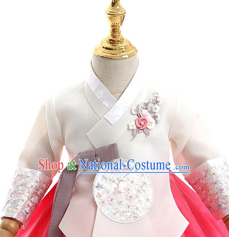 Asian Korea Traditional Embroidered White Blouse and Pink Dress Children Birthday Fashion Korean Apparels Girls Hanbok Costumes