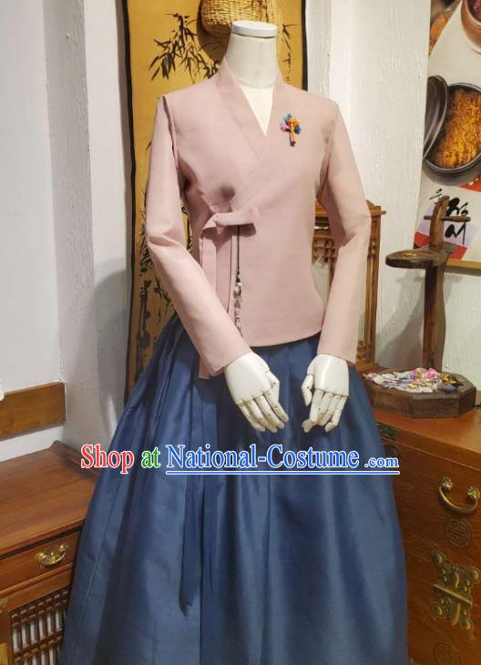 Korean Traditional Deep Pink Blouse and Navy Dress Asian Korea National Fashion Costumes Hanbok Women Informal Apparels