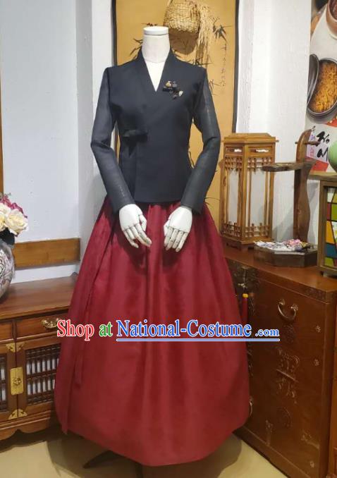 Korean Mother Traditional Black Blouse and Wine Red Dress Asian Korea National Fashion Costumes Hanbok Women Informal Apparels