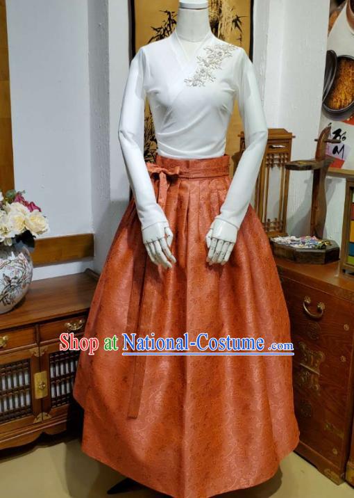 Korean Traditional Dance Blouse and Orange Satin Bust Skirt Asian Korea National Fashion Costumes Women Hanbok Apparels