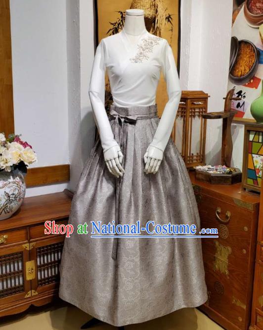 Korean Traditional Dance Blouse and Grey Satin Bust Skirt Asian Korea National Fashion Costumes Women Hanbok Apparels