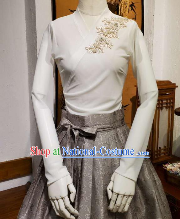 Korean Traditional Dance Blouse and Grey Satin Bust Skirt Asian Korea National Fashion Costumes Women Hanbok Apparels