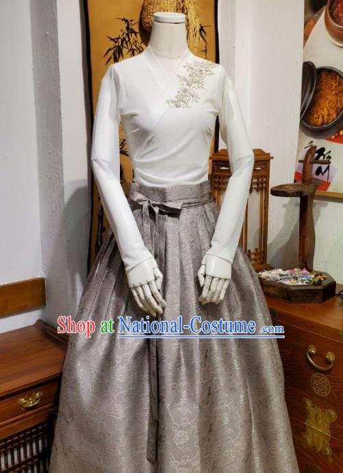 Korean Traditional Dance Blouse and Grey Satin Bust Skirt Asian Korea National Fashion Costumes Women Hanbok Apparels