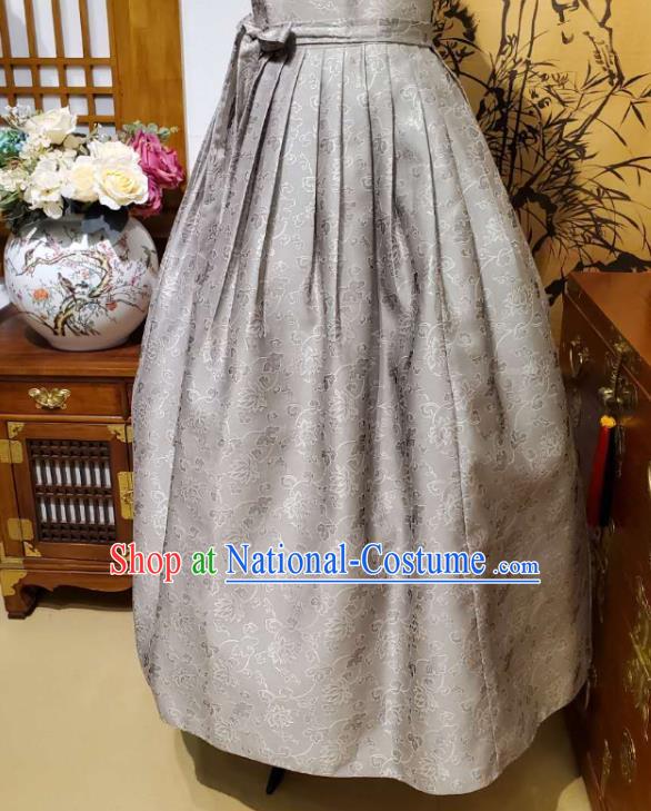 Korean Traditional Dance Blouse and Grey Satin Bust Skirt Asian Korea National Fashion Costumes Women Hanbok Apparels