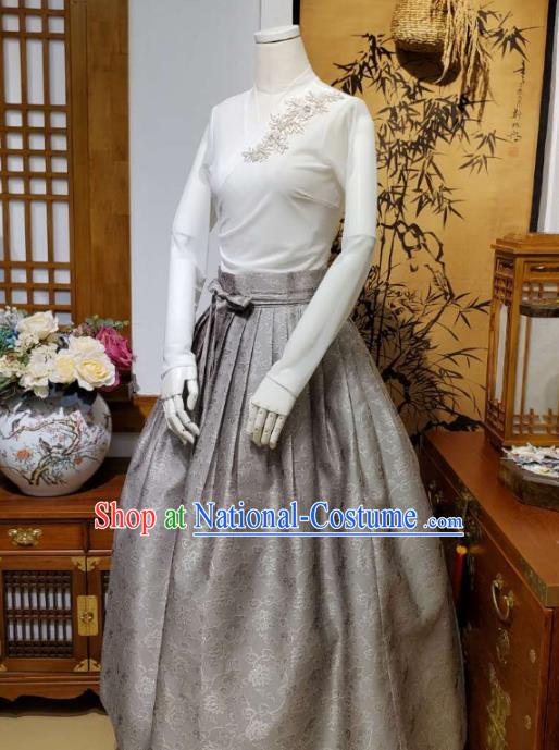 Korean Traditional Dance Blouse and Grey Satin Bust Skirt Asian Korea National Fashion Costumes Women Hanbok Apparels