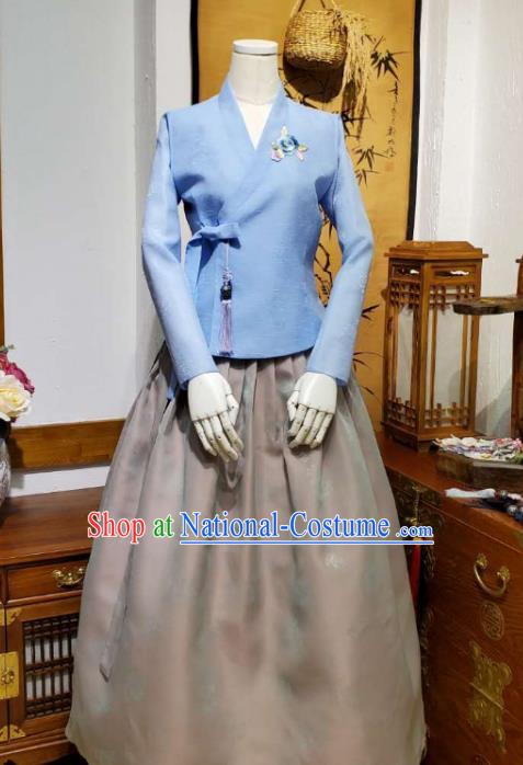 Korean Traditional Female Blue Blouse and Grey Bust Skirt Asian Korea National Fashion Costumes Women Hanbok Apparels