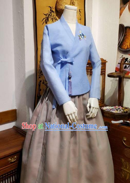 Korean Traditional Female Blue Blouse and Grey Bust Skirt Asian Korea National Fashion Costumes Women Hanbok Apparels