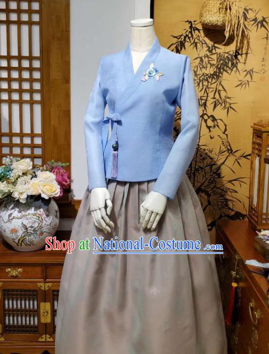 Korean Traditional Female Blue Blouse and Grey Bust Skirt Asian Korea National Fashion Costumes Women Hanbok Apparels