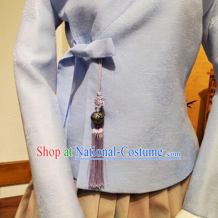 Korean Traditional Female Blue Blouse and Grey Bust Skirt Asian Korea National Fashion Costumes Women Hanbok Apparels