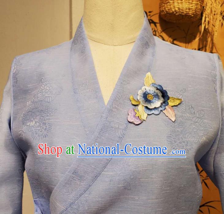 Korean Traditional Female Blue Blouse and Grey Bust Skirt Asian Korea National Fashion Costumes Women Hanbok Apparels