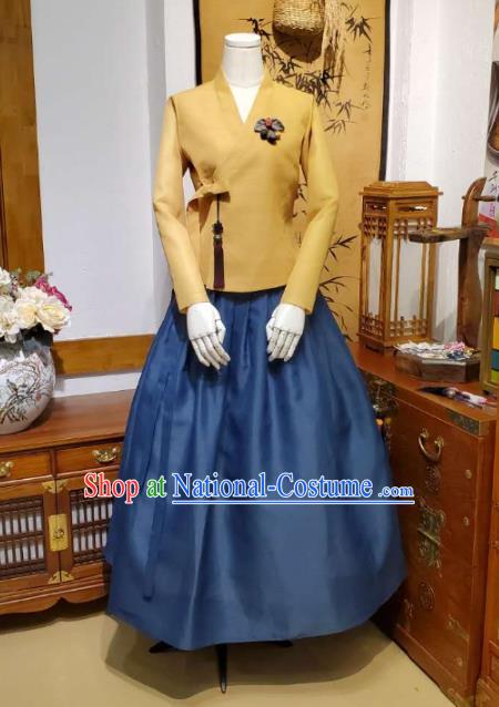 Korean Traditional Female Ginger Blouse and Navy Bust Skirt Asian Korea National Fashion Costumes Women Hanbok Apparels