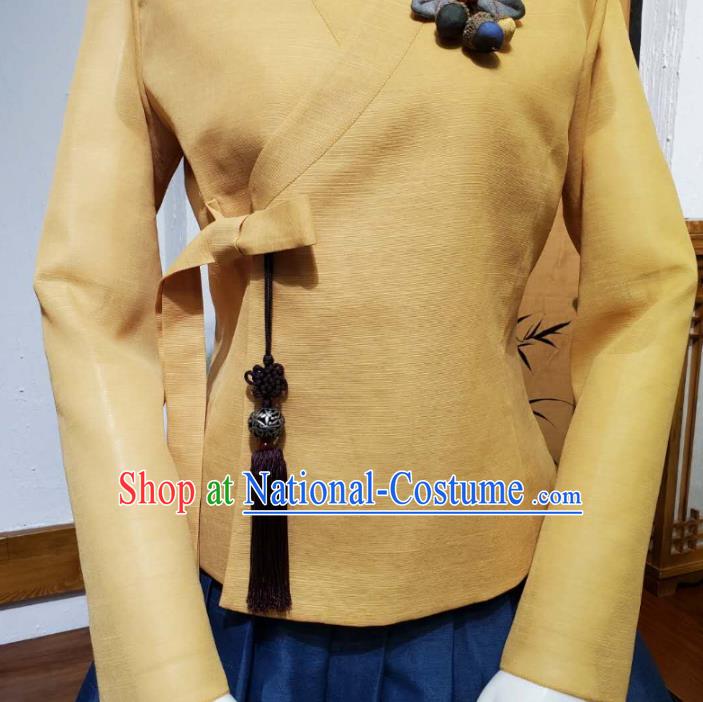 Korean Traditional Female Ginger Blouse and Navy Bust Skirt Asian Korea National Fashion Costumes Women Hanbok Apparels