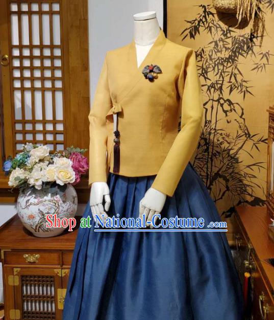 Korean Traditional Female Ginger Blouse and Navy Bust Skirt Asian Korea National Fashion Costumes Women Hanbok Apparels