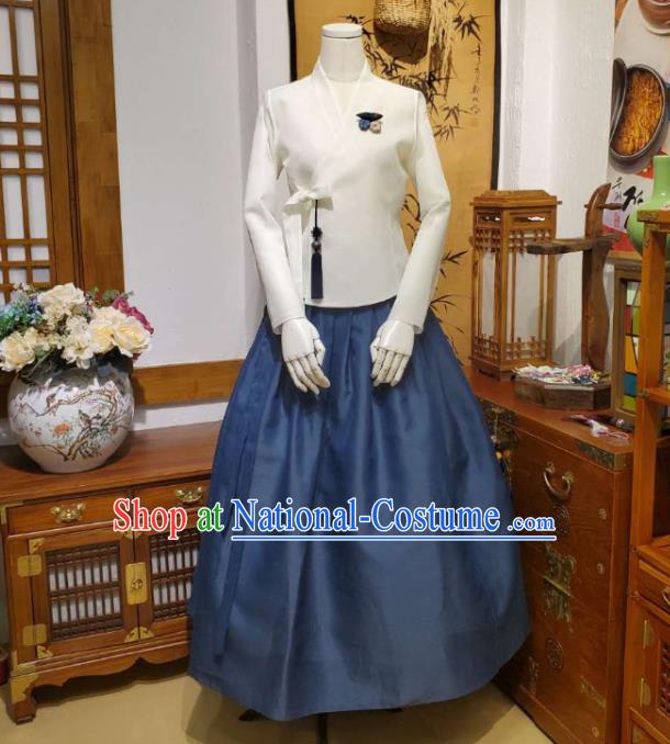 Korean Traditional Female White Blouse and Navy Bust Skirt Asian Korea National Fashion Costumes Women Hanbok Informal Apparels