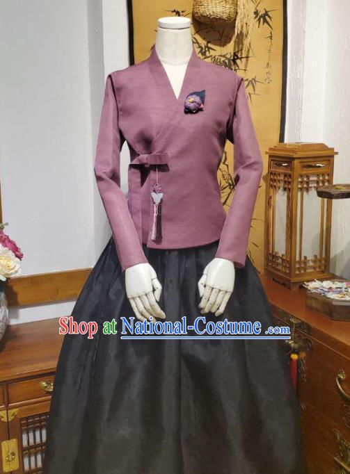 Korean Traditional Female Purple Blouse and Black Bust Skirt Asian Korea National Fashion Costumes Women Hanbok Informal Apparels