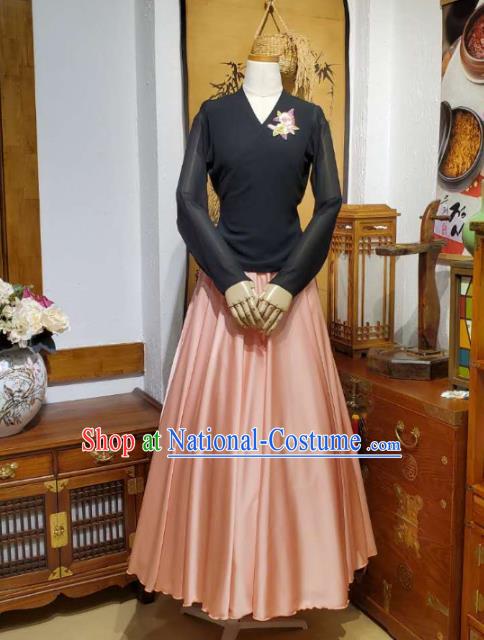 Korean Traditional Dance Training Black Veil Blouse and Pink Satin Skirt Asian Women Hanbok Informal Apparels Korea Fashion Costumes