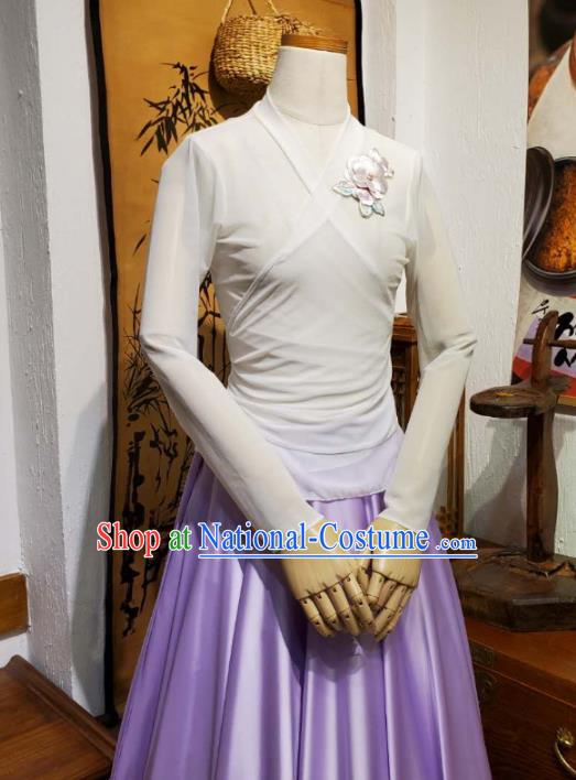 Korean Traditional Dance Training White Veil Blouse and Lilac Satin Skirt Asian Women Hanbok Informal Apparels Korea Fashion Costumes