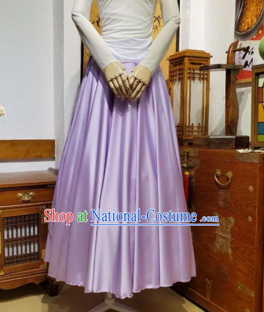 Korean Traditional Dance Training White Veil Blouse and Lilac Satin Skirt Asian Women Hanbok Informal Apparels Korea Fashion Costumes