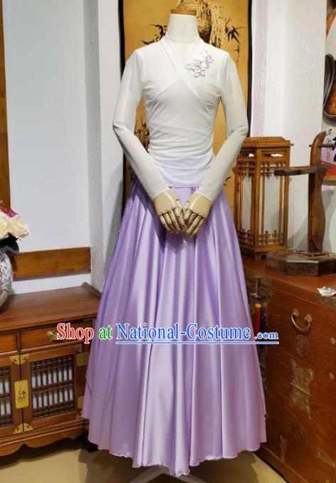 Korean Traditional Dance Training White Veil Blouse and Lilac Satin Skirt Asian Women Hanbok Informal Apparels Korea Fashion Costumes