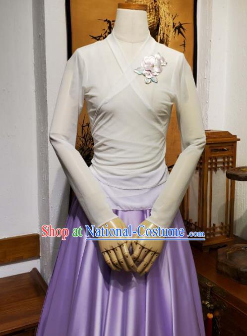 Korean Traditional Dance Training White Veil Blouse and Lilac Satin Skirt Asian Women Hanbok Informal Apparels Korea Fashion Costumes