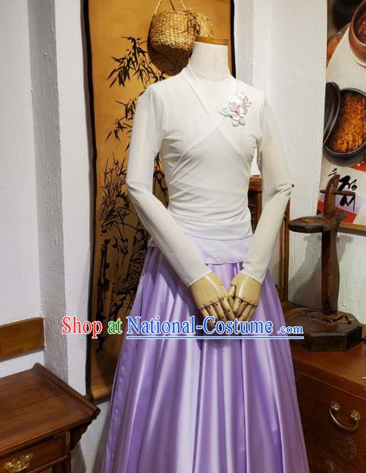 Korean Traditional Dance Training White Veil Blouse and Lilac Satin Skirt Asian Women Hanbok Informal Apparels Korea Fashion Costumes