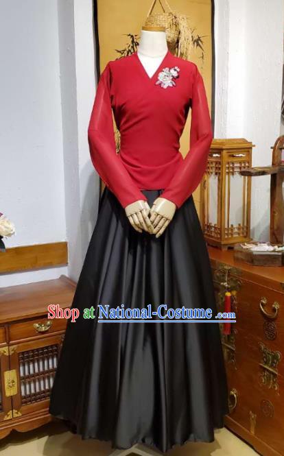 Korean Traditional Dance Training Red Veil Blouse and Black Satin Skirt Asian Women Hanbok Informal Apparels Korea Fashion Costumes