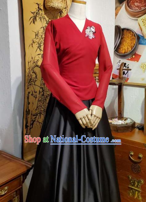 Korean Traditional Dance Training Red Veil Blouse and Black Satin Skirt Asian Women Hanbok Informal Apparels Korea Fashion Costumes