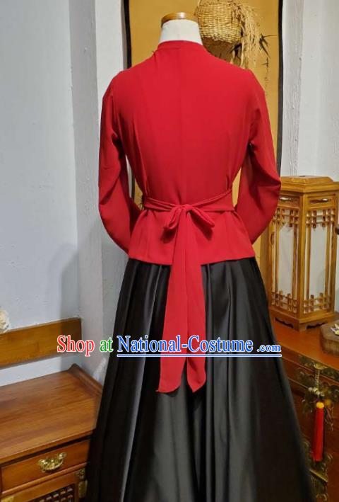 Korean Traditional Dance Training Red Veil Blouse and Black Satin Skirt Asian Women Hanbok Informal Apparels Korea Fashion Costumes