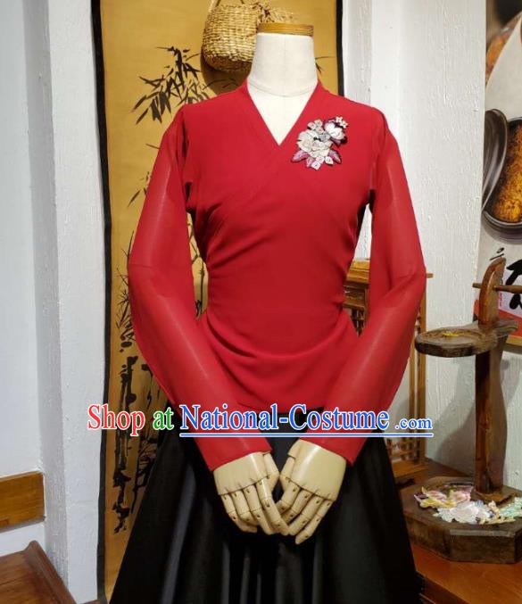 Korean Traditional Dance Training Red Veil Blouse and Black Satin Skirt Asian Women Hanbok Informal Apparels Korea Fashion Costumes