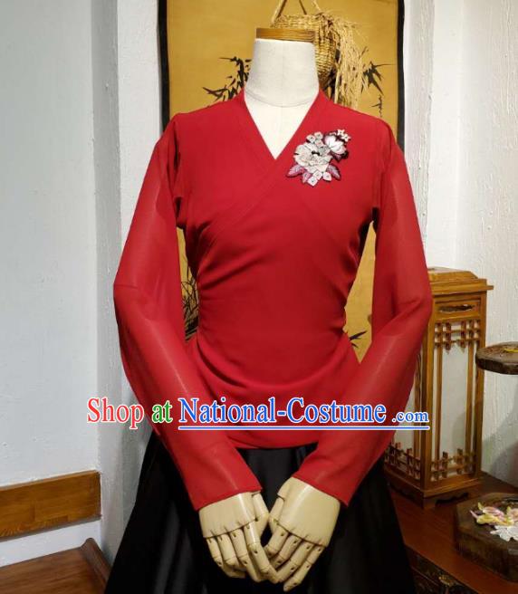 Korean Traditional Dance Training Red Veil Blouse and Black Satin Skirt Asian Women Hanbok Informal Apparels Korea Fashion Costumes