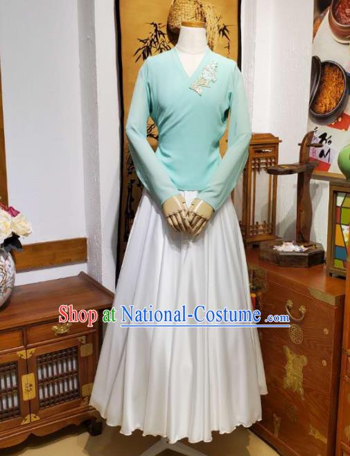 Korean Traditional Dance Training Light Blue Veil Blouse and White Satin Skirt Asian Women Hanbok Informal Apparels Korea Fashion Costumes