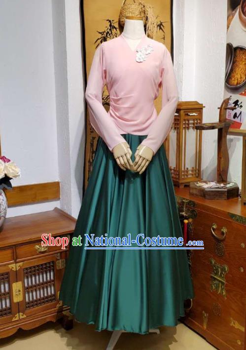 Korean Traditional Dance Training Pink Veil Blouse and Deep Green Satin Skirt Asian Women Hanbok Informal Apparels Korea Fashion Costumes