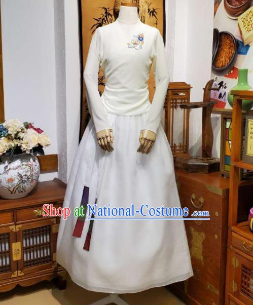 Korean Dance Training Beige Veil Blouse and Skirt Asian Women Hanbok Informal Apparels Korea Fashion Traditional Costumes