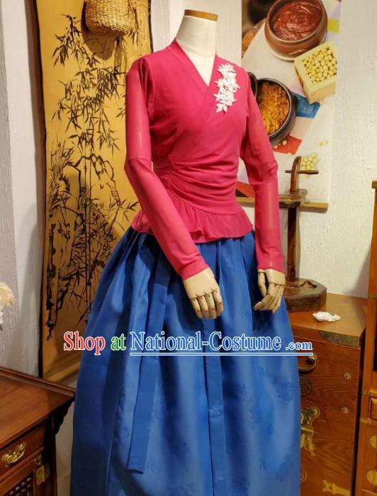 Korean Dance Training Rosy Veil Blouse and Deep Blue Skirt Asian Women Hanbok Informal Apparels Korea Fashion Traditional Costumes