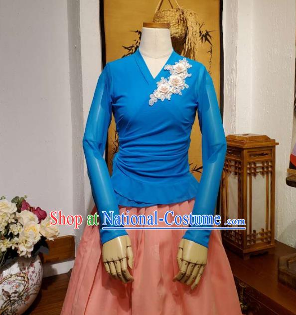 Korean Dance Training Blue Veil Blouse and Pink Skirt Asian Women Hanbok Informal Apparels Korea Fashion Traditional Costumes