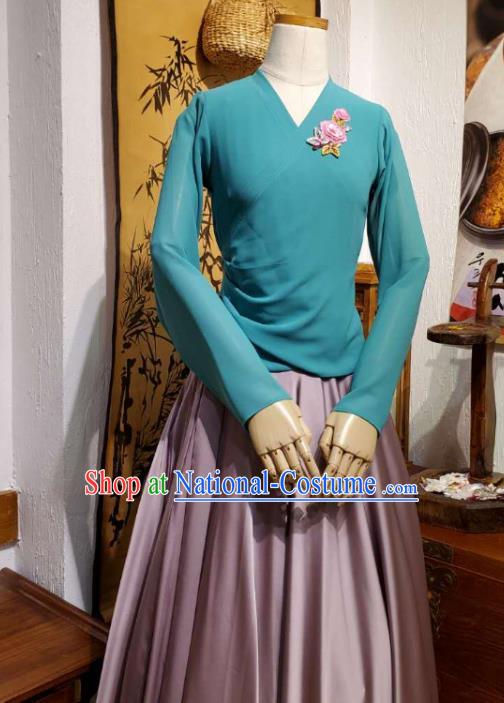 Korean Traditional Dance Training Teal Veil Blouse and Deep Pink Satin Skirt Asian Women Hanbok Informal Apparels Korea Fashion Costumes