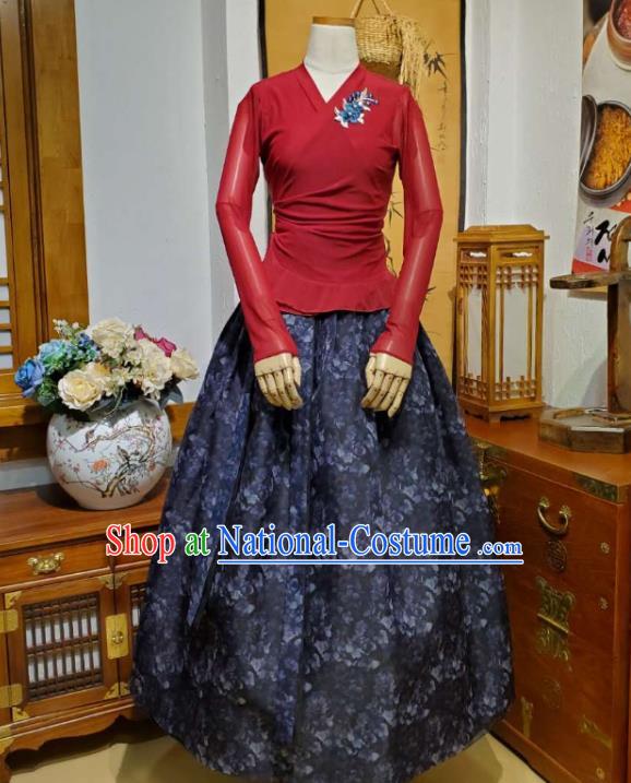 Korean Dance Training Dark Red Veil Blouse and Navy Skirt Asian Women Hanbok Informal Apparels Korea Fashion Traditional Costumes