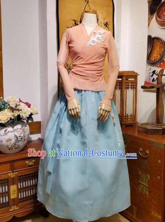 Korean Dance Training Pink Veil Blouse and Light Blue Skirt Asian Women Hanbok Informal Apparels Korea Fashion Traditional Costumes