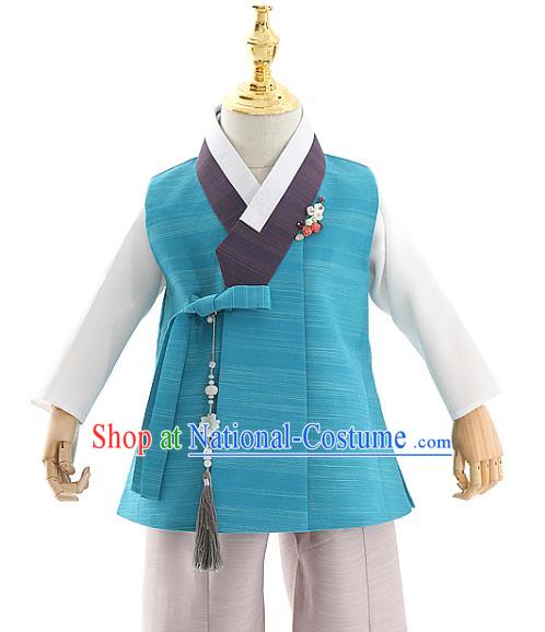 Asian Korea Kids Blue Vest Shirt and Pants Dress Korean Boys Birthday Fashion Traditional Hanbok Apparels Costumes