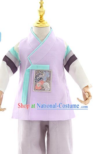 Asian Korea Kids Lilac Vest Shirt and Pants Dress Korean Boys Birthday Fashion Traditional Hanbok Apparels Costumes