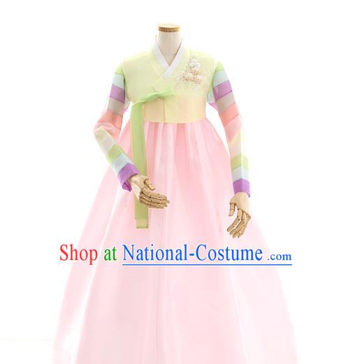 Korean Traditional Wedding Light Yellow Blouse and Pink Dress Korea Fashion Bride Costumes Hanbok Apparels for Women