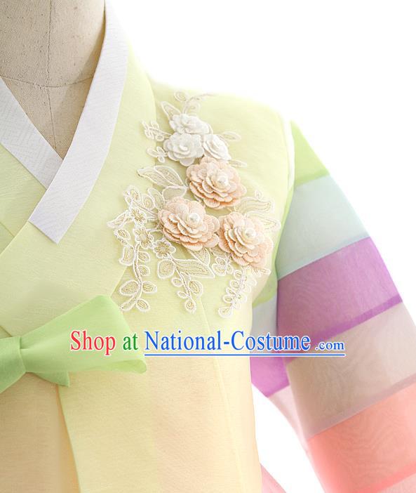 Korean Traditional Wedding Light Yellow Blouse and Pink Dress Korea Fashion Bride Costumes Hanbok Apparels for Women