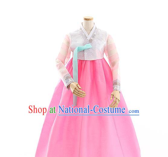 Korean Traditional Wedding Grey Lace Blouse and Rosy Dress Korea Fashion Bride Costumes Hanbok Apparels for Women