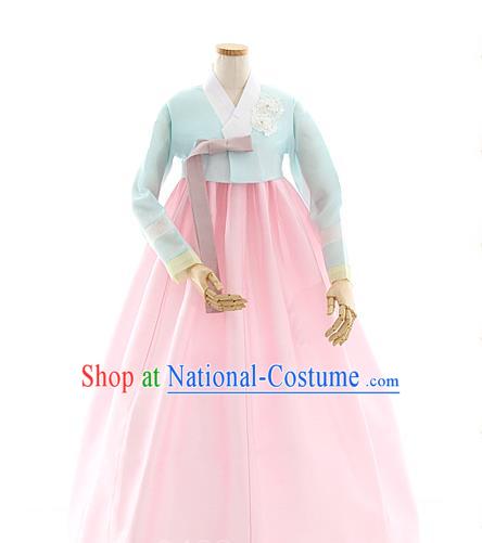 Korean Bride Light Blue Blouse and Pink Dress Korea Fashion Costumes Traditional Wedding Hanbok Apparels for Women