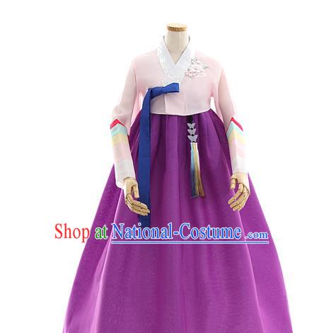 Korean Bride Light Pink Blouse and Purple Dress Korea Fashion Costumes Traditional Wedding Hanbok Festival Apparels for Women