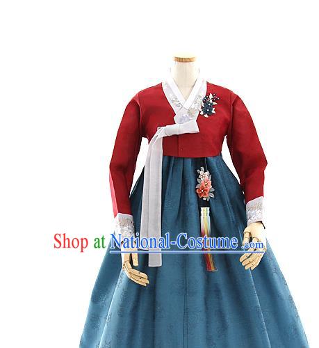 Korean Bride Mother Purplish Red Blouse and Navy Dress Korea Fashion Costumes Traditional Hanbok Festival Wedding Apparels for Women