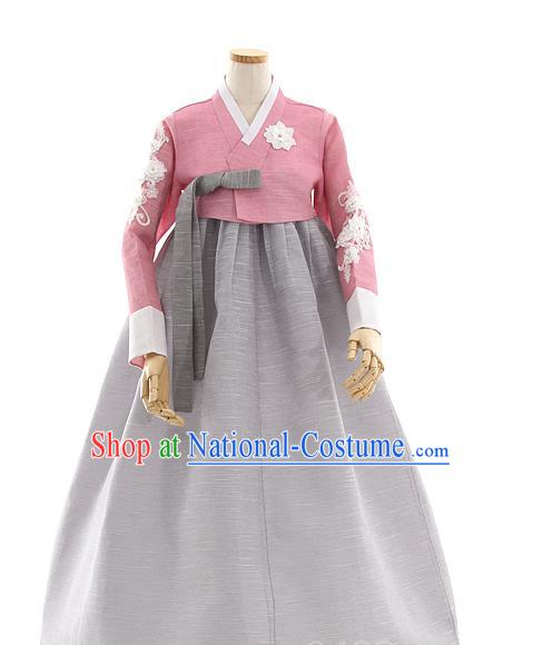 Korean Bride Mother Pink Blouse and Grey Dress Korea Fashion Costumes Traditional Hanbok Festival Wedding Apparels for Women