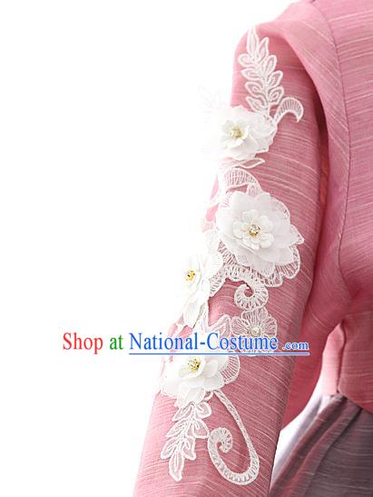 Korean Bride Mother Pink Blouse and Grey Dress Korea Fashion Costumes Traditional Hanbok Festival Wedding Apparels for Women