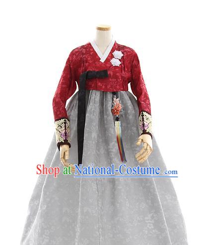 Korean Bride Mother Dark Red Blouse and Grey Dress Korea Fashion Costumes Traditional Hanbok Festival Apparels for Women