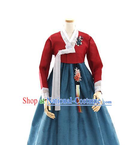 Korean Bride Mother Red Blouse and Dark Green Dress Korea Fashion Costumes Traditional Hanbok Festival Apparels for Women